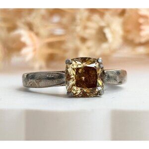 Champagne CZ Silver Toned Solitaire Gemstone Vintage 925 Ring - sz 7.25